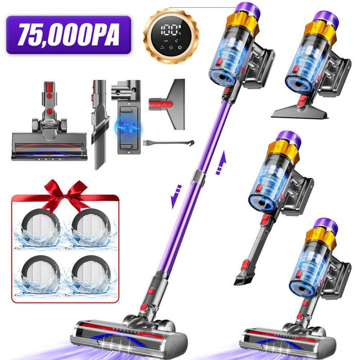 Aspirateur Balai Sans Fil75000 PA/98000rpm70 MinsAspirateur sans Fil avec écran LEDFiltration à 7 couches/2L volume - Dormiia