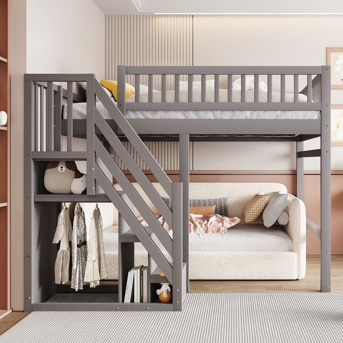 Lit mezzanine 140x200cm lit en bois massif avec armoire de rangement lit enfant lit ado lit simple avec sommier à lattes gris