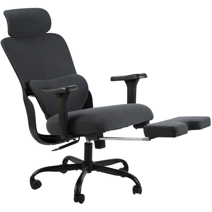 Fauteuil de bureau ergonomique pivotant accoudoirs multifonctions repose pieds extensible en tissu et plastique noir 10_0006925