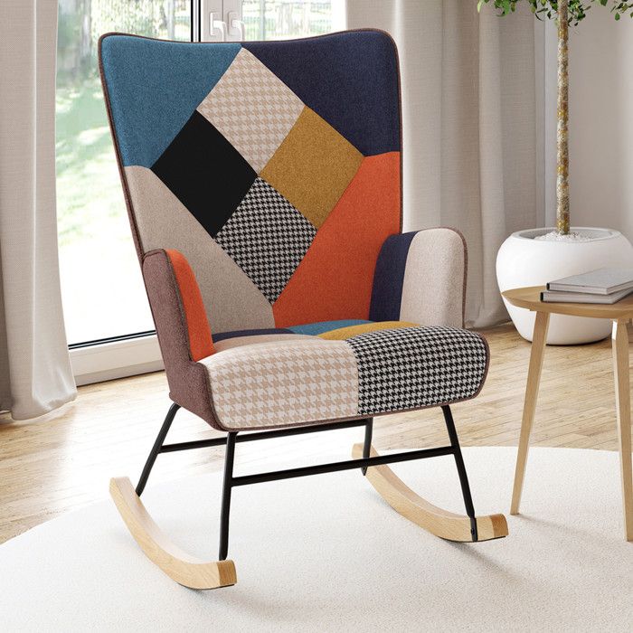 IDMARKET Fauteuil scandinave IVAR en tissu à bascule patchwork multicouleurs