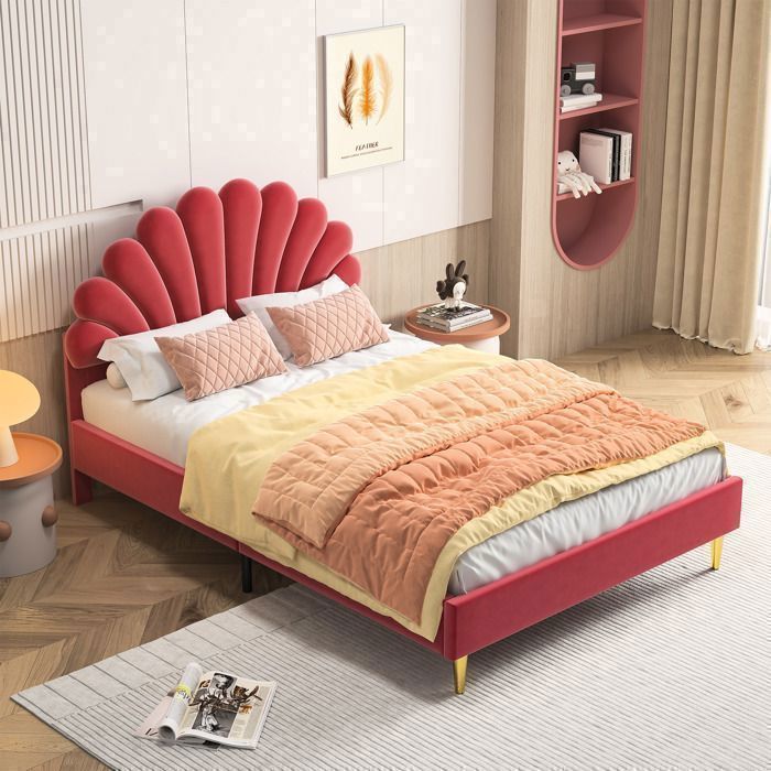 Lit 140x200 cm RWUDV Lit Capitonné en Velours avec Tête de Lit et Sommier à Lattes Lit Adulte pour 2 Personnes Rouge