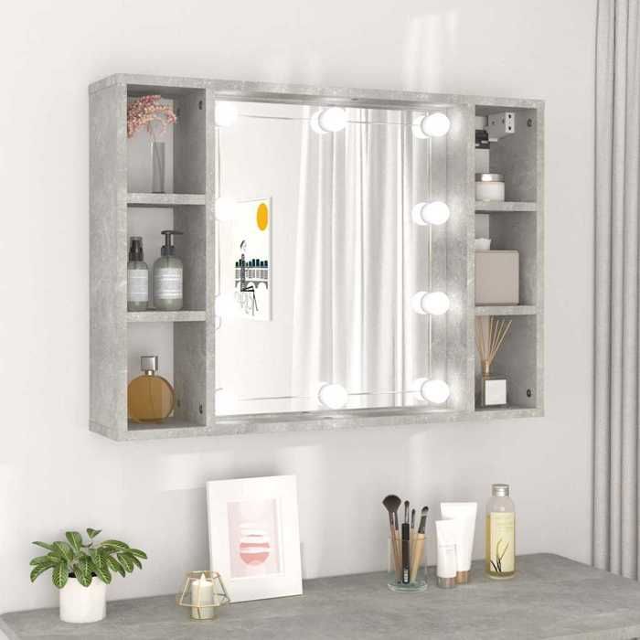 Armoire à miroir avec LED - vidaXL - Gris béton - 76x15x55 cm - Bois dingénierie - 6 compartiments - Fixation murale