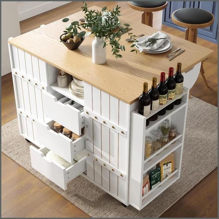 Île de Cuisine Servierwagen - Plateau Réglable Rangements Abondants et Portes Coulissantes - Blanc