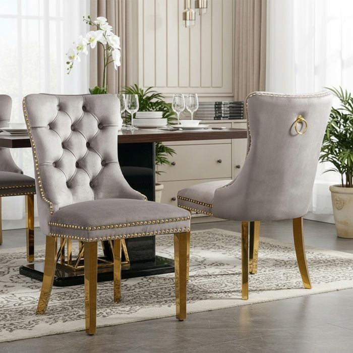 Lot de 2 Chaises de Salle à Manger Chaise de Cuisine Dossier à Ailes Pieds en métal doré Rembourrée Gris velours