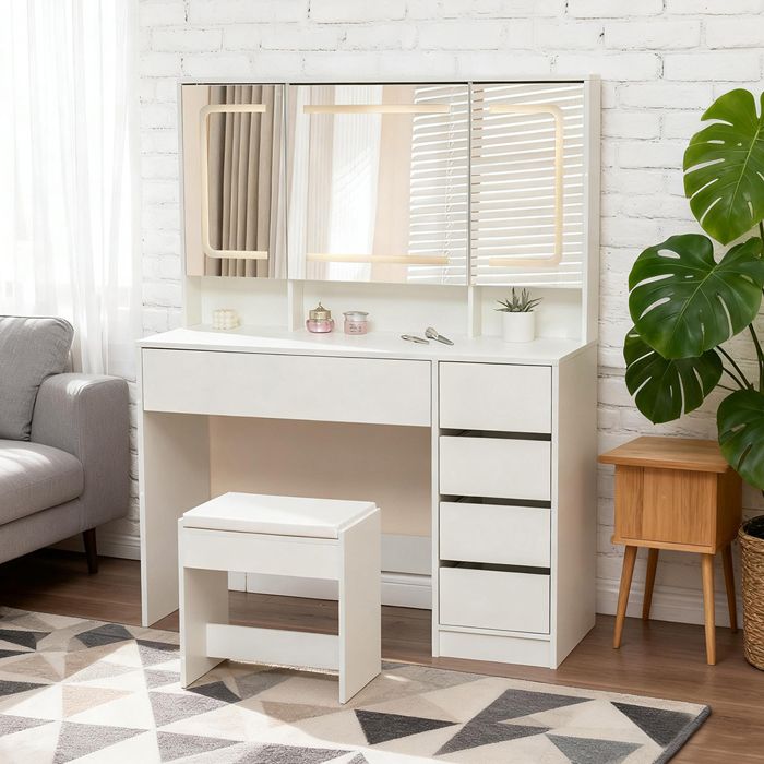 Coiffeuse Vicco Klara Blanche – Avec Miroir Et Banc – Table De Maquillage 95x38,5x79 Cm