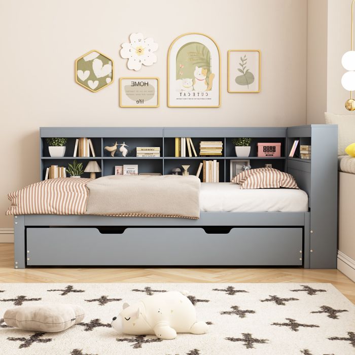 Canapé-lit convertible - HIBA - Lit Convertible 90x200 cm - Bois massif blanc - Matelas inclus - USB intégré