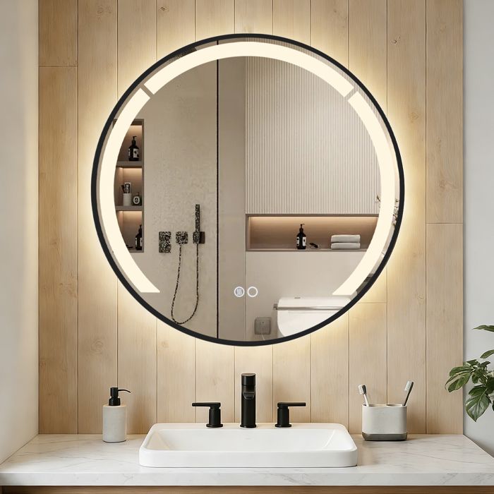 COSTWAY 60 x 60 cm Miroir de Salle de Bain Rond 3 Couleurs Fonction Antibuée Cadre en Aluminium Luminosité Ajustable Noir