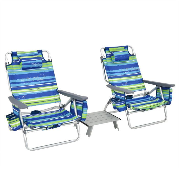 Ensemble chaises de plage - HELLOSHOP26 - Lot 2 + table - Pliables - Porte-gobelets - Dossier 5 positions