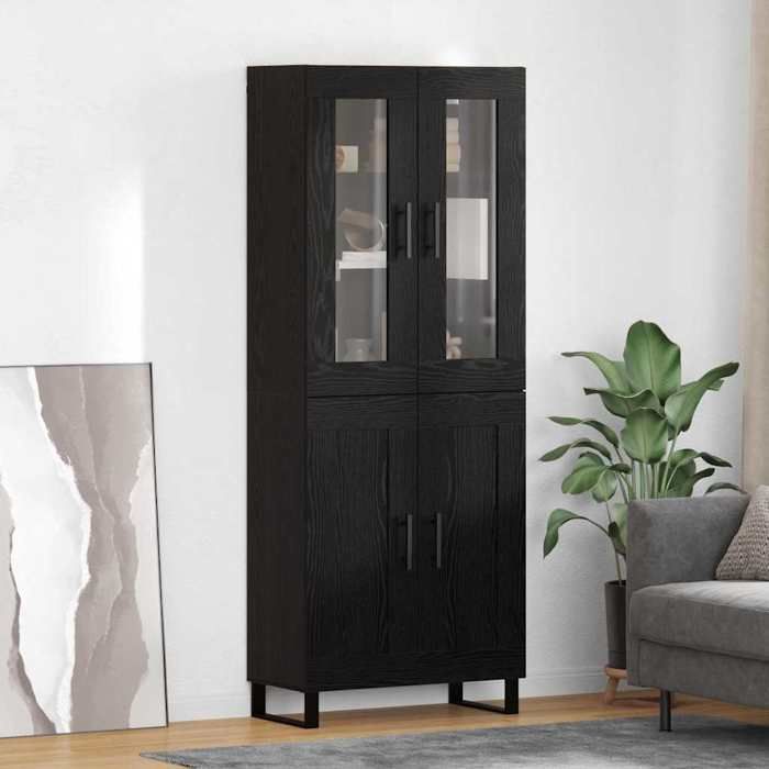 NEW 2026 Haut Armoire lot de 2 moderne BUFFET HAUT Chêne noir Bois Aggloméré et Verre 69.5x34x180 cm L1718