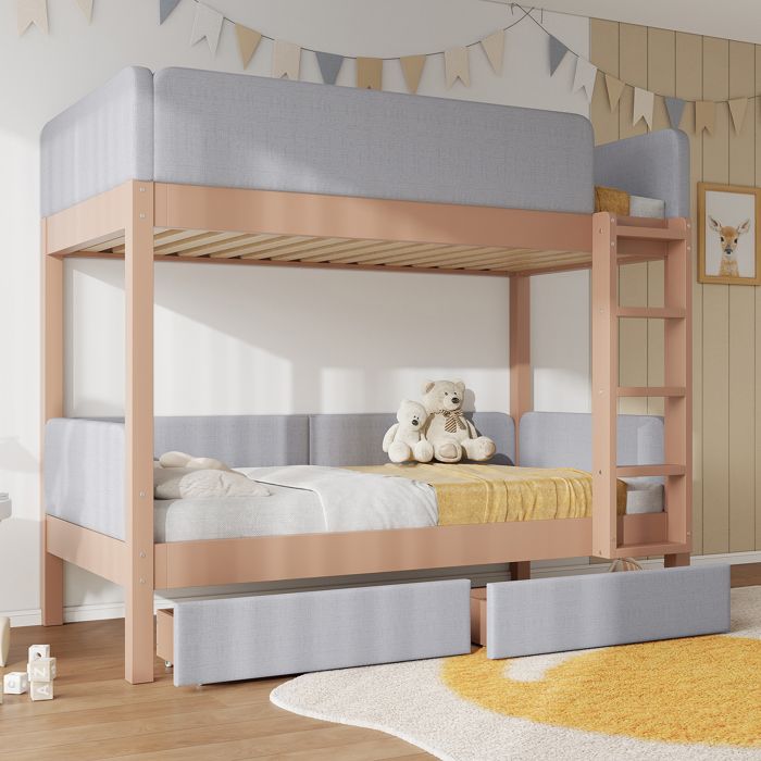 Lit Superposé Enfant 90x200 cm avec échelle Droite 4 Marches 2 Tiroirs de Rangement Bords Anti-chocs Mousse - Bois dhévéa - Gris