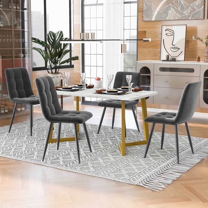 Ensemble de table à manger 4 pièces moderne - Table rectangulaire 117 cm (pieds dorés) 4 chaises velours gris foncé Ensemble de table à manger 4 pièces moderne - Table rectangulaire 117 cm (pieds dorés) 4 chaises velours gris foncé