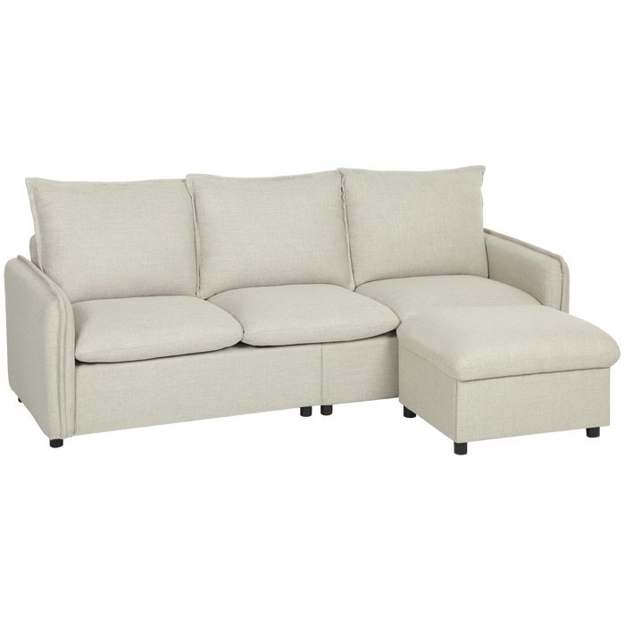 Canapé 3 places dangle - HOMCOM - avec pouf rangement - coussins ressorts - tissu en lin - 212 x 125 x 84 cm - crème