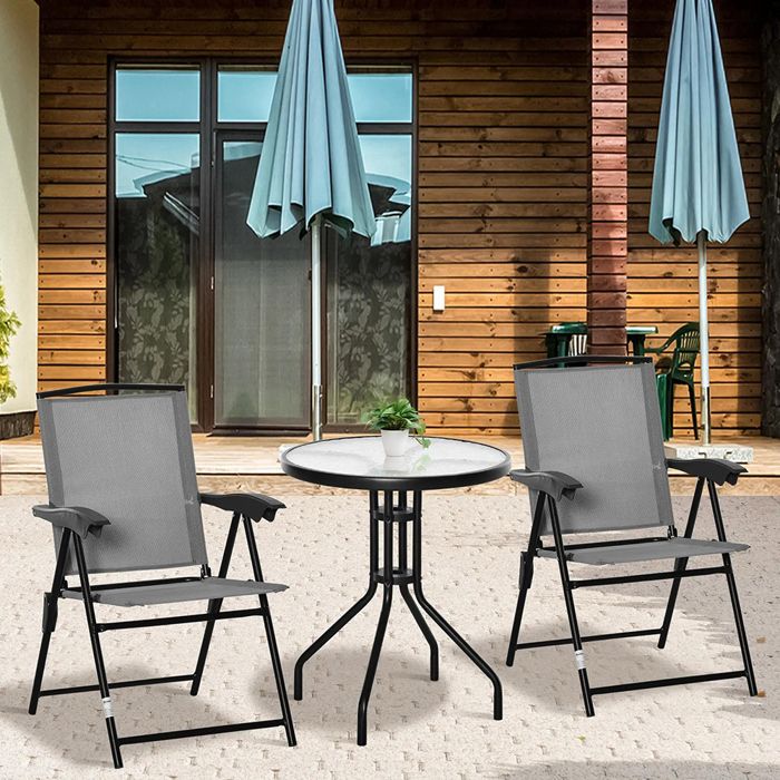 Ensemble salon de jardin - 3 pièces - Gris - 2 chaises inclinables 4 positions - Table ronde verre trempé Ø60 cm