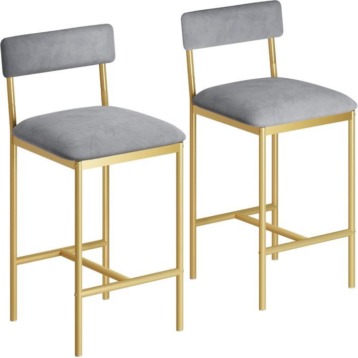 TABOURET DE BAR-Lot 2 chaises bar structure dorée assise gris velours vintage dossier repose-pieds hauteur 65 cm ilot cuisine bar