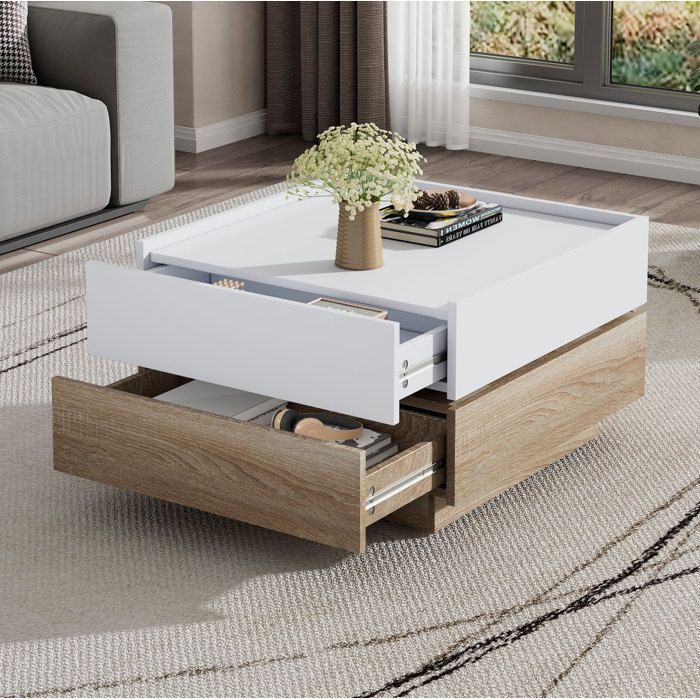 Table basse carrée pivotante 360° blanc et noyer avec 2 tiroirs 60 × 60 × 38 cm