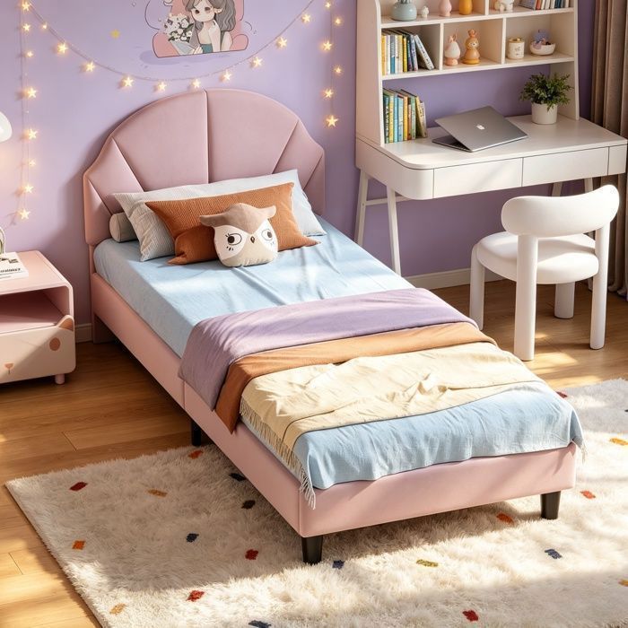Lit enfant 90x190 cmlit simple rembourrétête de lit réglablesommier à lattesvelourspour filles et adolescentesrose