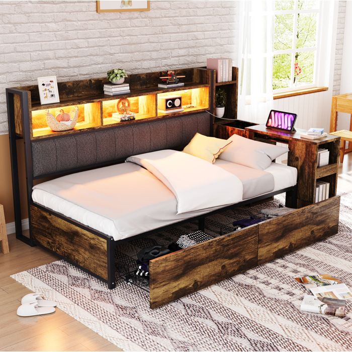 Lit combiné 1 place 90×200 cm avec bureau coulissant 2 tiroirs LED et prises sans matelas bois naturel - UVRION
