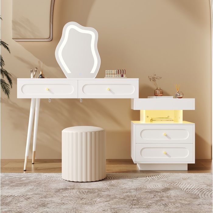 Schminktisch blanc avec éclairage LED et 4 tiroirs spacieux plus 1 compartiment ouvert taille B140xT40xH130 cm