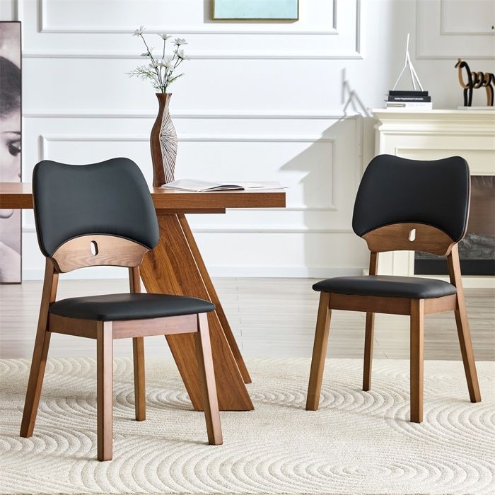 Lot de 2 chaises de salle a manger en bois de noyer avec dossier papillon - Chaises de cuisine rembourrees design - Noir