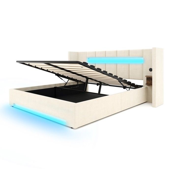 Lit Double en velours 180x200cm tête large USB LED rangement hydraulique armoire rétro livraison en plusieurs colis Sans Matelas
