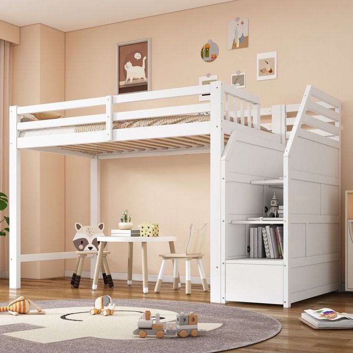 Lit surélevé enfant 90x200 cm blanc avec sommier à lattes garde-corps escalier rangement sans matelas