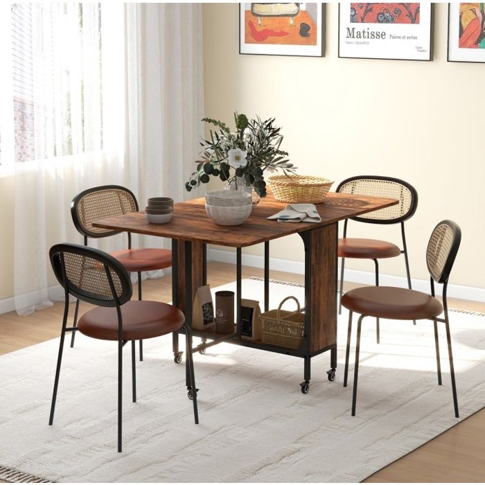 WOVREO Table à manger pliante 130 x 80 x 74 cm 6 personnes avec étagère et 6 roulettes marron rustique