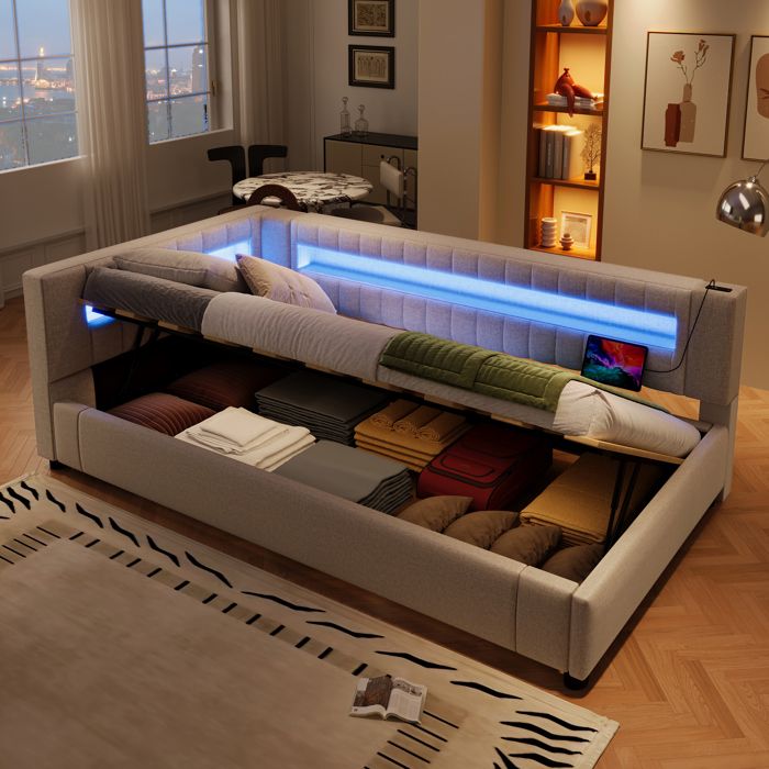 Canapé lit 90x200 beige avec LED 7 couleurs rangement hydraulique USB-C et sommier