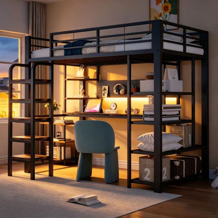 ROVRYN lit mezzanine 90 x 200 cm avec bureau LED multicolore prises intégrées métal et bois noir