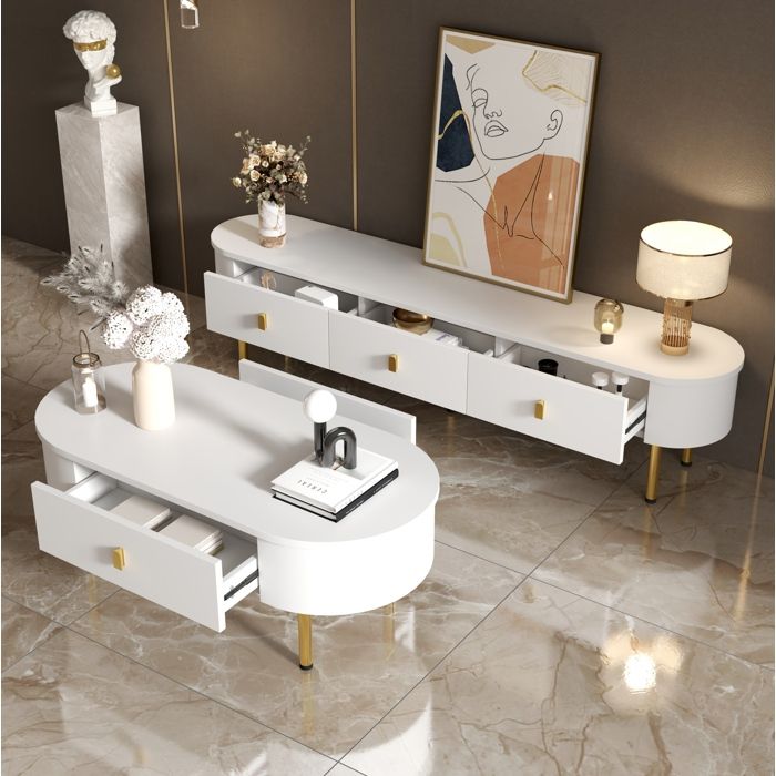 Ensemble de meubles de salon avec 1 Meuble TV et 1 Table Basse - MEUNIQ - avec Tiroirs - MDF - Blanc et Or