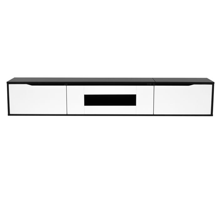 Meuble TV mural moderne finition brillante 180 cm coloris noir et blanc avec éclairage LED et ports USB Meuble TV mural moderne finition brillante 180 cm coloris noir et blanc avec éclairage LED et ports USB
