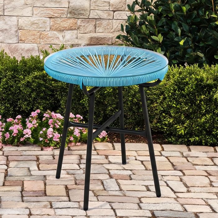 Table basse ronde Ø 50 cm en résine tressée bleu et métal plateau verre trempé 5 mm pour jardin et terrasse