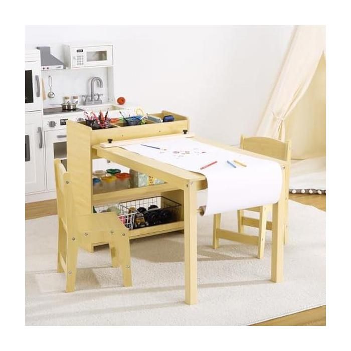 Table d’art enfants bureau activités bois tout-petits 2 chaises grandes étagères rangement écriture dessin maternelle