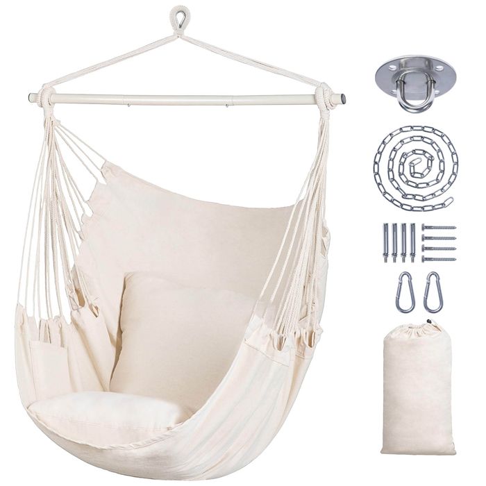 Fauteuil Suspendu de Jardin Hamac en Toile Structure Métallique Charge 120kg Beige