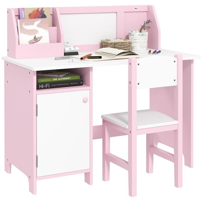 Bureau enfant avec chaise tableau blanc rose 90x45x85 cm
