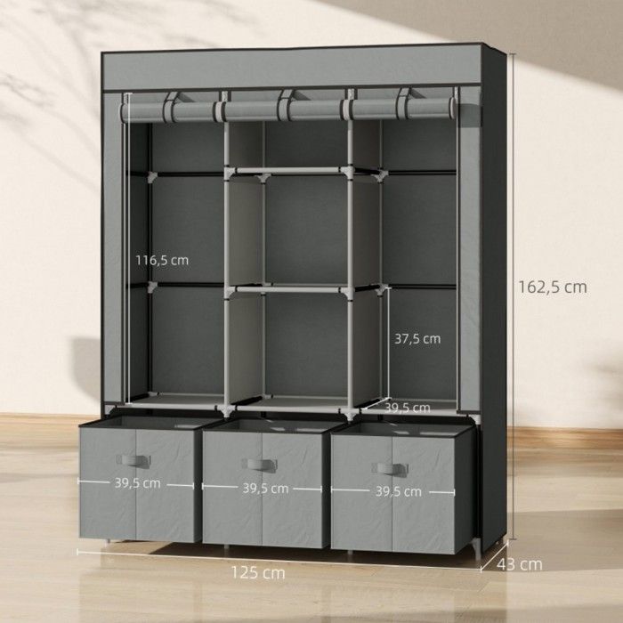 Penderie Souple Pliante-Tiroirs-Fermeture Éclair-Rangement Chambre Dressing-Gris Clair-125x43x162.5cm-Pratique Moderne
