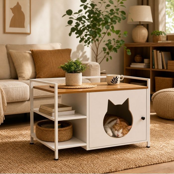WOVREO Meuble litière chat table dappoint avec 2 étagères ouvertes rangement blanc et bois clair MDF métal