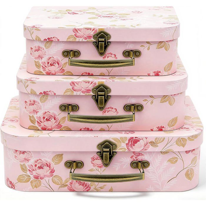 Lot de 3 boîtes de rangement valises décoratives W9548 carton floral rose avec couvercle et poignée vintage