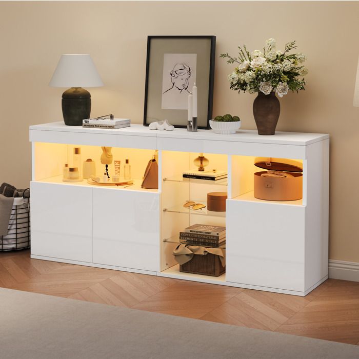 Buffet bas blanc laqué avec LED 155 5 x 35 x 72 cm 3 portes niche ouverte et 3 étagères en verre panneaux de particules et verre