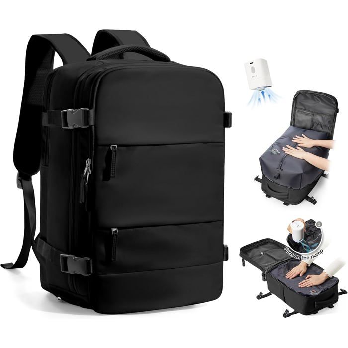 Sac à dos de voyage sous vide noir  - 40x30x20 cm - Pompe à vide intégrée - Bagage cabine