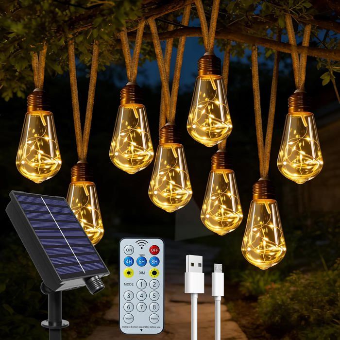 Lampes solaires dextérieur de jardin - 20 ampoules S17 - 10 m - Corde de chanvre avec télécommande