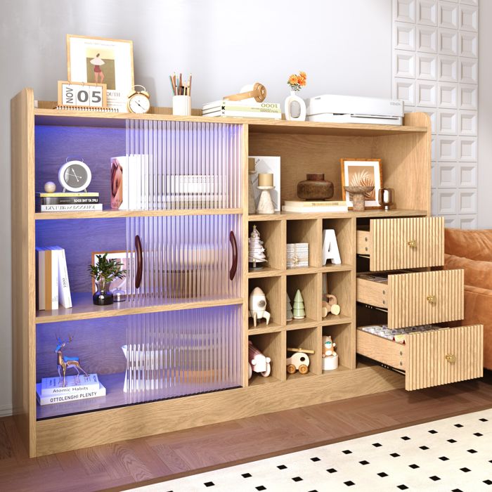 Buffet bas en bois 120 x 30 x 85 cm avec LED et Casier à bouteilles damier Buffet bas portes coulissantes en verre Bois naturel