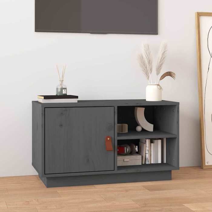 Meuble HIFI - Meuble TV Gris 70 x 34 x 40 cm en bois de pin massif avec rangement multimédia pour Salon 558819