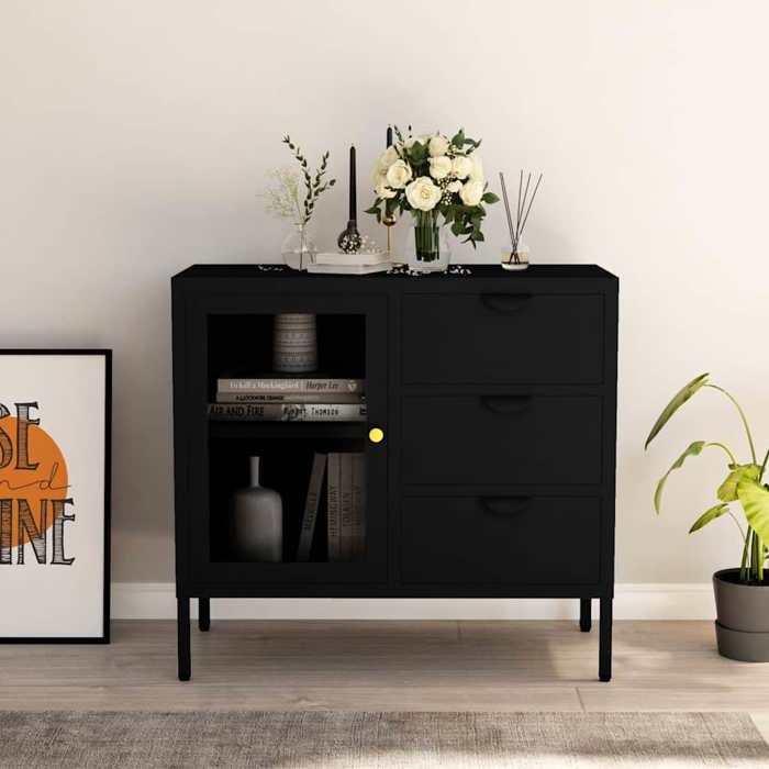 Noir Buffet Noir 75x35x70 cm Acier et verre trempé - Meuble Rangement LV29908