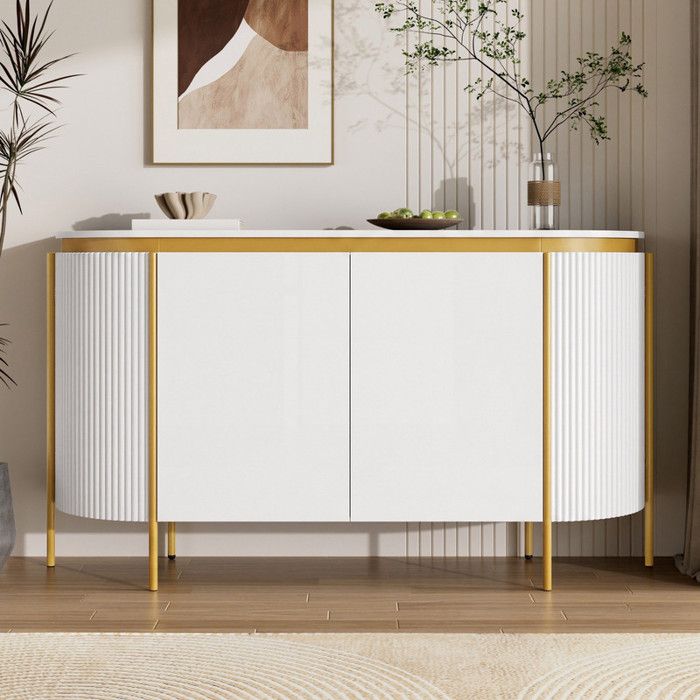 Buffet en MDF avec pieds en fer 4 portes extrémités ovales arrondies finition rainurée étagère amovible passe‑câbles blanc