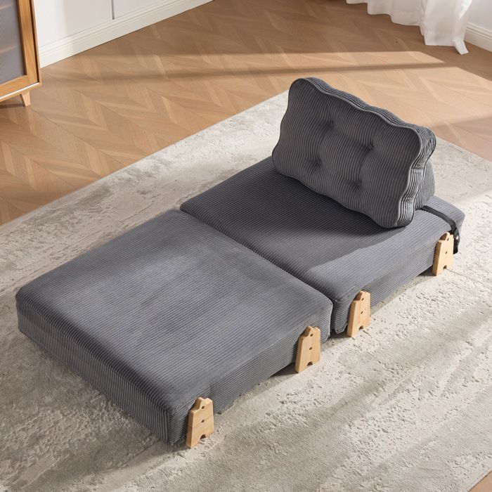 WOVREO Fauteuil-lit 1 place convertible en velours côtelé gris foncé pliant structure en bois