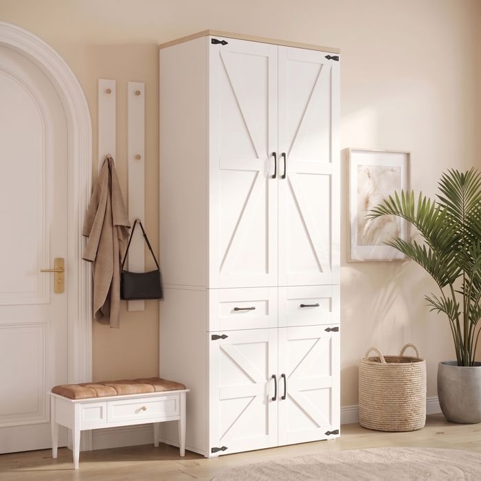 Armoire laquée 4 portes avec 2 tringles et 5 tiroirs armoire de chambre enfant avec poignées en métal Meuble haut 90x50x200cm-Blanc