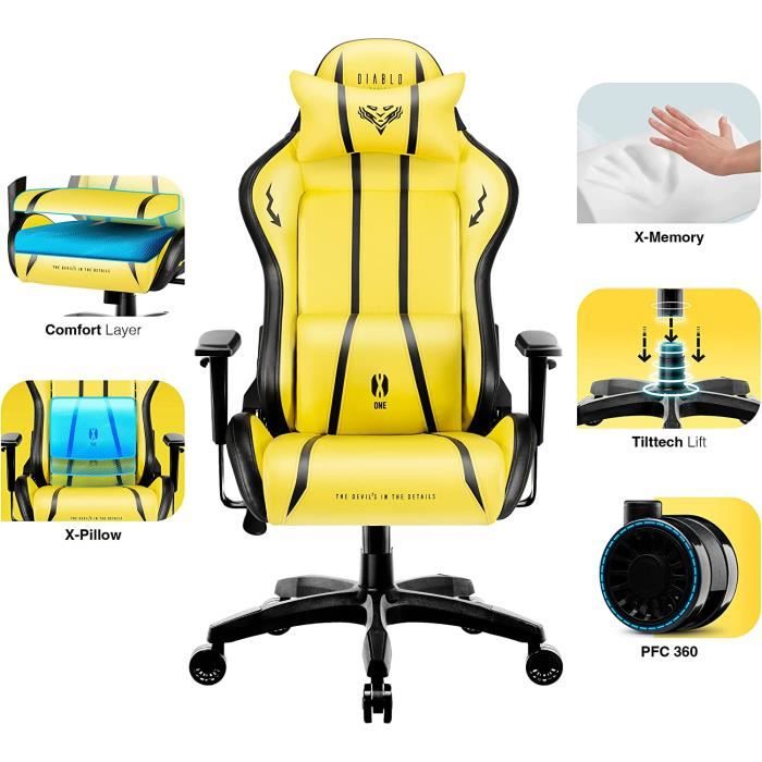 Chaise Gaming Diablo X-One 2.0 - Fauteuil Gamer Ergonomique Accoudoirs Réglables Coussin Lombaire Noir