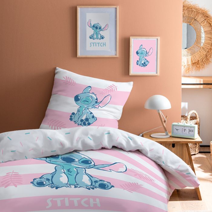 Parure de lit enfant 100% Coton - DISNEY STITCH STRIPE - Blanc/rose - 140x200+63x63cm