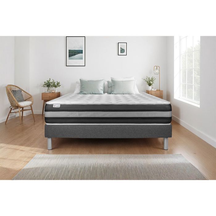 Ensemble Matelas Sommier 140x190 cm - Sommier Gris (en kit) - Vitalspring Zen Gris