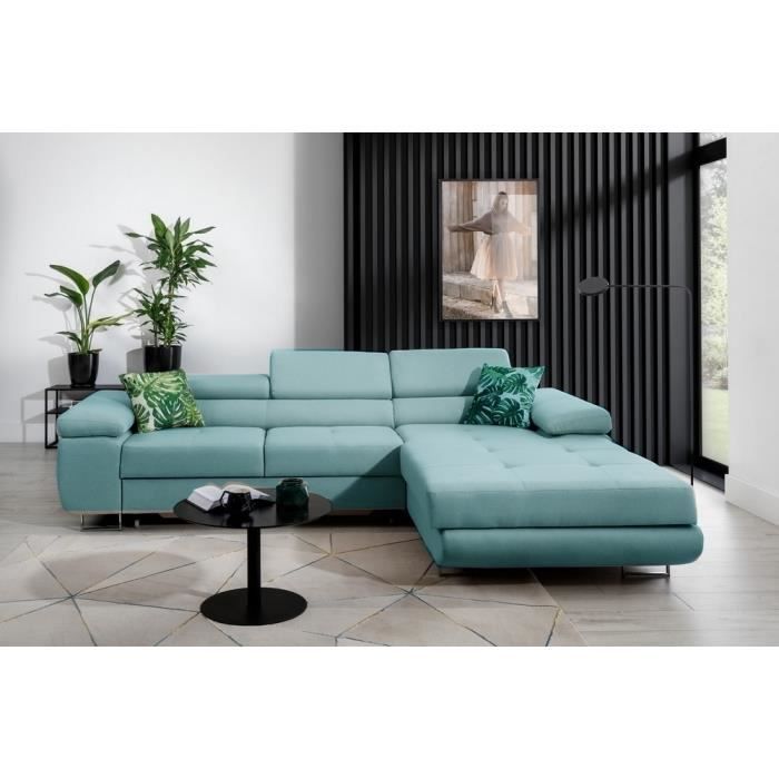 Canapé dangle convertible ARMEL en tissu luxe 5 places bleu avec coffre angle droit (vu de face)